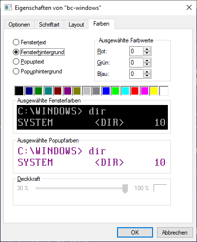 Properties of 'bc-windows': Colors