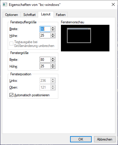 Eigenschaften von 'bc-windows': Layout