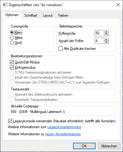 Eigenschaften von 'bc-windows': Optionen