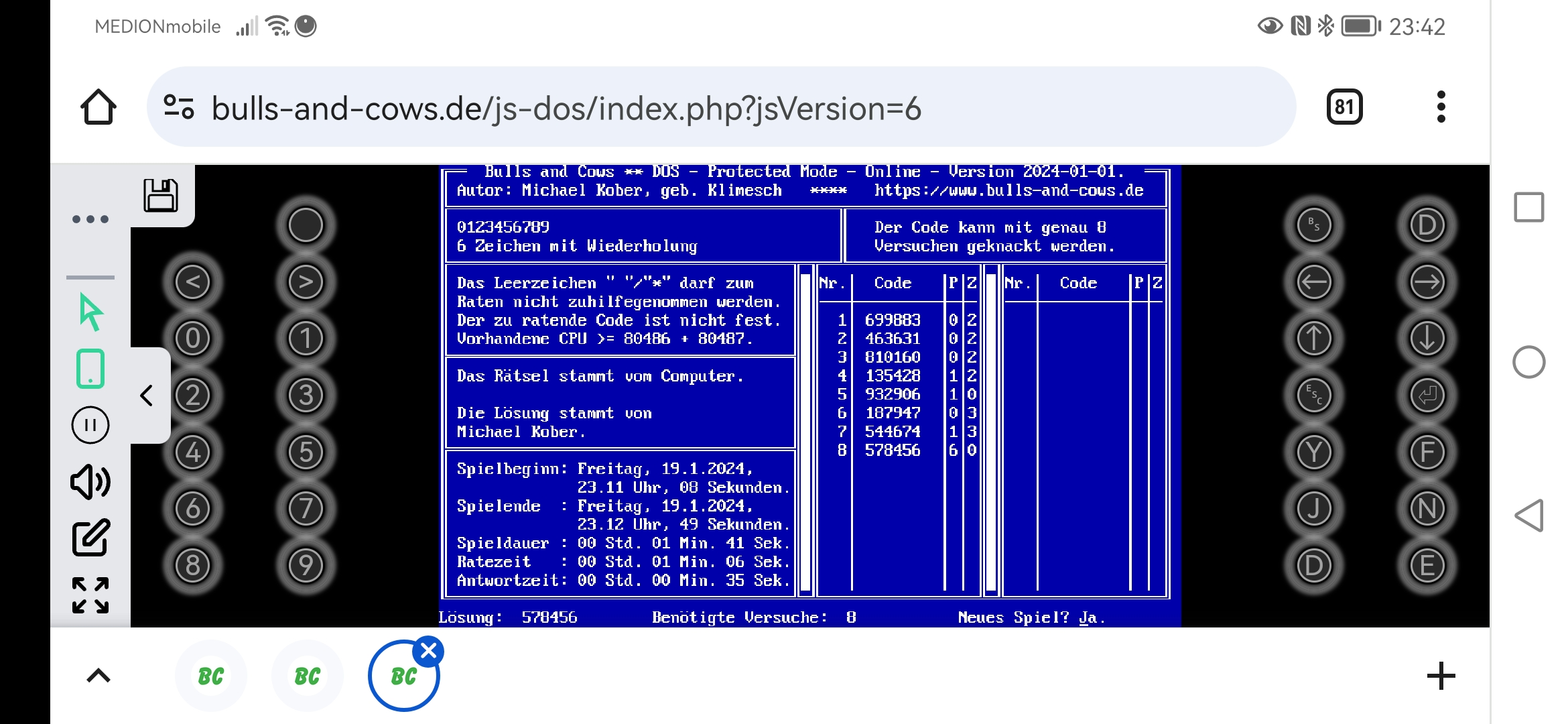 Browserspiel im Querformat 2:
Fenster mit seitlicher Steuerleiste ohne Bildschirmtastatur